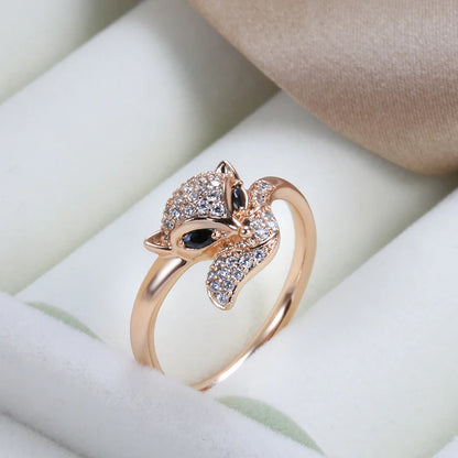 Kinel Hot Cute Fox Ring for Women 585 Rose Gold Black Natural Zircon Ring Fashion Vintage Animal Jewelry