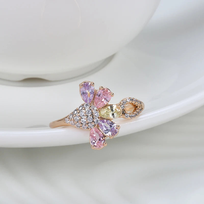 Kinel New Colorful Natural Zircon Party Ring For Women 585 Rose Gold Color Crystal Flower Bride Rings Fashion Wedding Jewelry