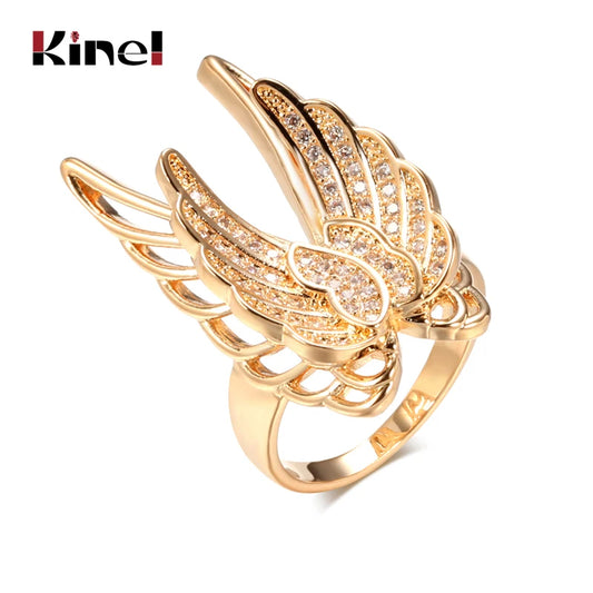 Kinel Luxury 585 Rose Gold Wing Ring for Women Micro-wax Inlay Natural Zircon Bridal Wedding Jewelry Crystal Big Ring New 2021