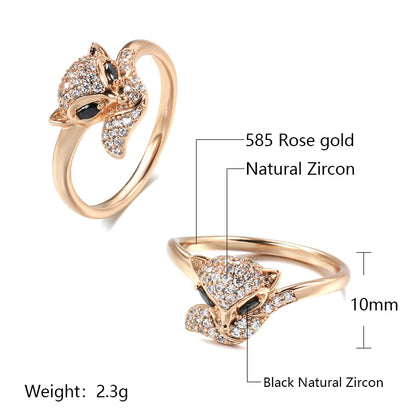 Kinel Hot Cute Fox Ring for Women 585 Rose Gold Black Natural Zircon Ring Fashion Vintage Animal Jewelry