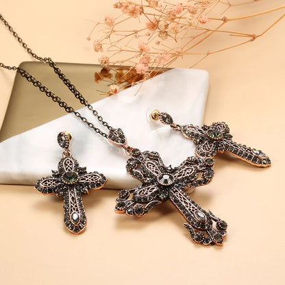 Kinel Noble Gray Crystal Cross Necklace Drop Earring for Women Vintage Jewelry Set Antique Gold Necklace Bijoux Religious Gift