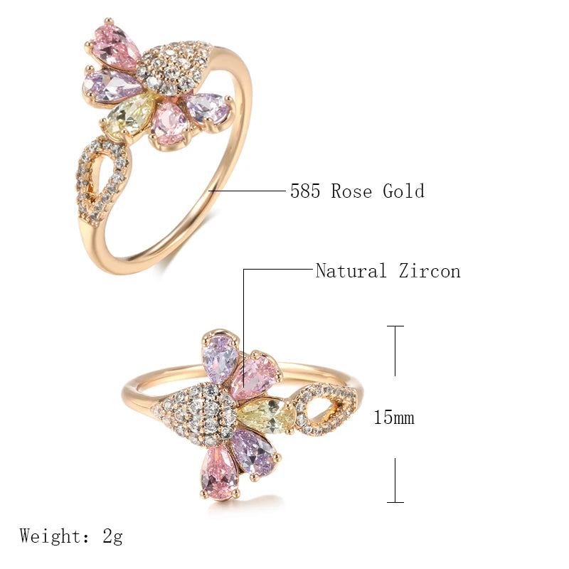 Kinel New Colorful Natural Zircon Party Ring For Women 585 Rose Gold Color Crystal Flower Bride Rings Fashion Wedding Jewelry