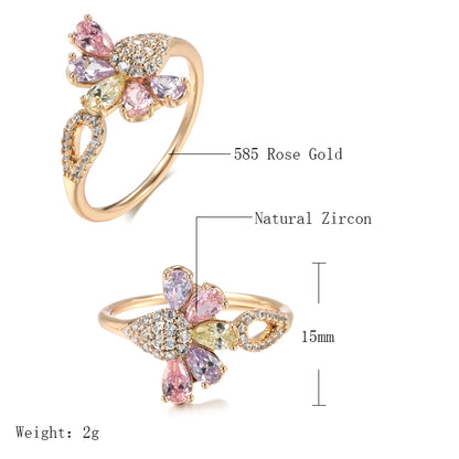 Kinel New Colorful Natural Zircon Party Ring For Women 585 Rose Gold Color Crystal Flower Bride Rings Fashion Wedding Jewelry