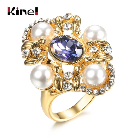 Kinel Luxury Purple Big Wide Rings Gold Color Cubic Zirconia Stone Wedding Band Big Rings For Women Vintage Jewelry Party Gift