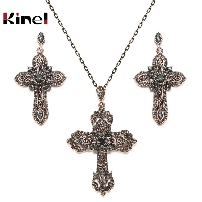 Kinel Noble Gray Crystal Cross Necklace Drop Earring for Women Vintage Jewelry Set Antique Gold Necklace Bijoux Religious Gift