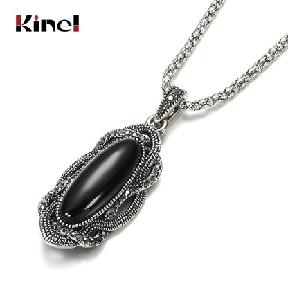 Kinel Top Quality Boho Black Stone Necklace Tibetan Silver Mosaic AAA Gray Crystal Big Oval Necklace For Women Vintage Jewelry