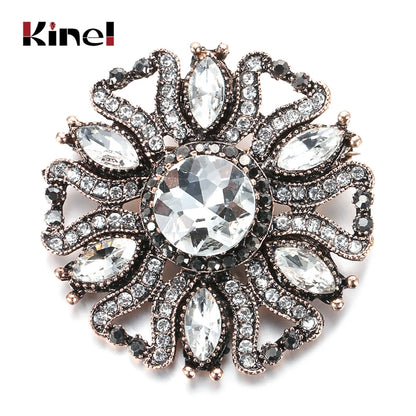 Kinel Vintage White Crystal Flower Turkish Brooch Pin For Women Gold Plating Arabesque Rhinestone Brooch Lapel Scarf Broches