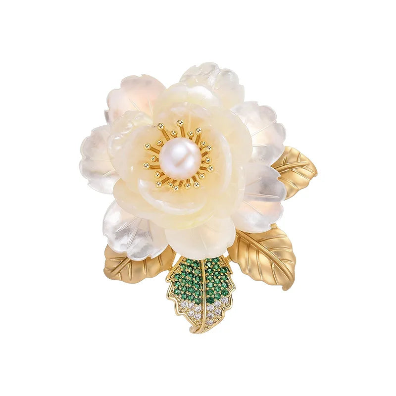 SUYU Autumn new natural shell white peony brooch simulation pearl wealth camellia flower brooch female accessory