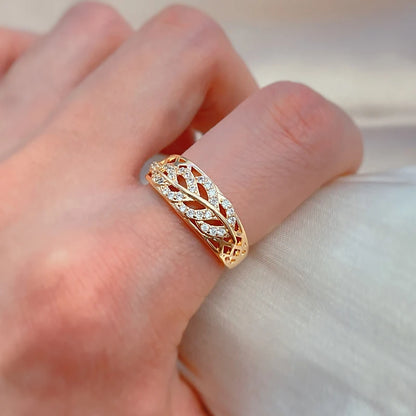 Wbmqda Elegant Hollow Leaf Rings For Women 585 Rose Gold Color With White Natural Zircon High Quality Daily Fine Jewelry