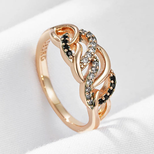 Wbmqda Vintage Hollow Black White Natural Zircon Ring For Women 585 Rose Gold Color Wave Shape Design Ethnic Wedding Jewelry