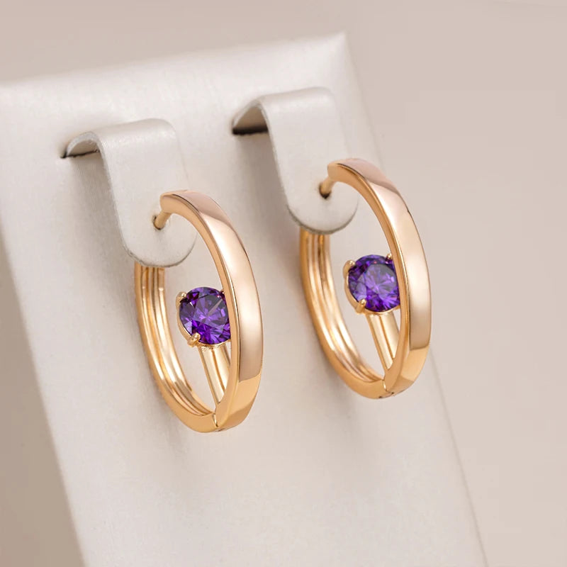 Wbmqda 585 Rose Gold Color Fashion Charm Purple Natural Zircon Hoop Earrings For Women Elegant Wedding Party Fine Jewelry Gift