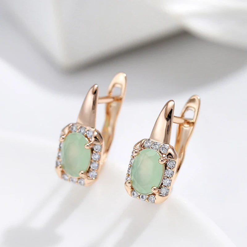 Wbmqda New Oval Green Natural Zircon Drop Earrings For Women 585 Rose Gold Color Luxury Retro Ethnic Wedding Party Fine Jewelry