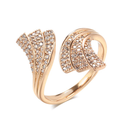 Wbmqda Unique Fan Shape Full Zircon Open Ring For Women 585 Rose Gold Color Luxury Fashion Daily Party Jewelry Accessories