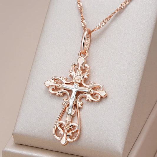 Kinel New Orthodox Church Cross Pendant Necklace for Women Men 585 Rose Gold Silver Color Mix Charm Daily Fine Ethnic Jewelry