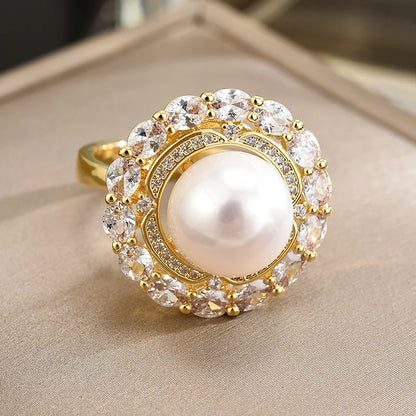 SUYU New Freshwater Imitation Pearl Zircon Open Ring With Stylish Design Light Luxury Ring For Women