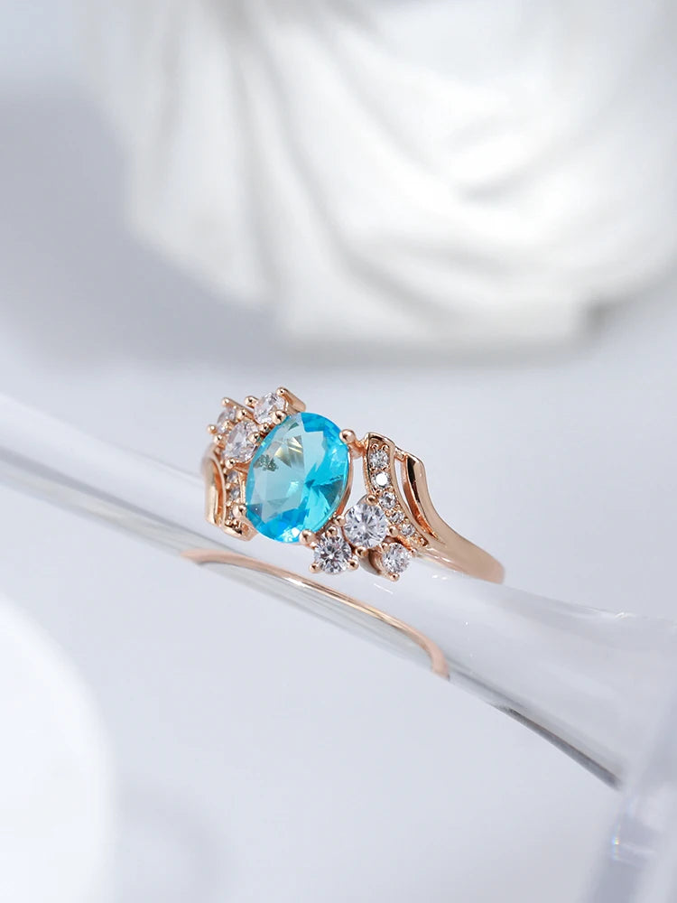 Kinel New Fashion 585 Rose Gold Wedding Ring Micro-wax Inlay Blue Natural Zircon Women Ring Vintage High Quality Daily Jewelry