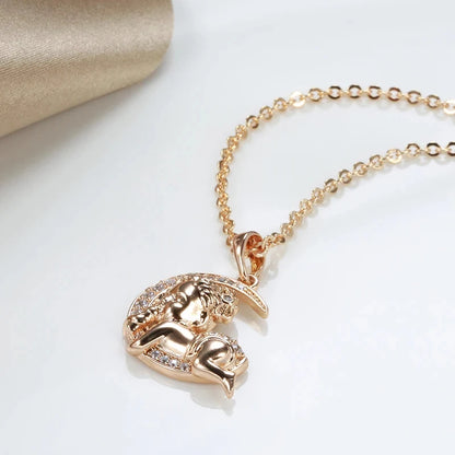 Kinel Hot 585 Rose Gold Color Moon Baby Pendant Necklace for Women Fashion Natural Zircon Pendant Child Jewelry Crystal Gift