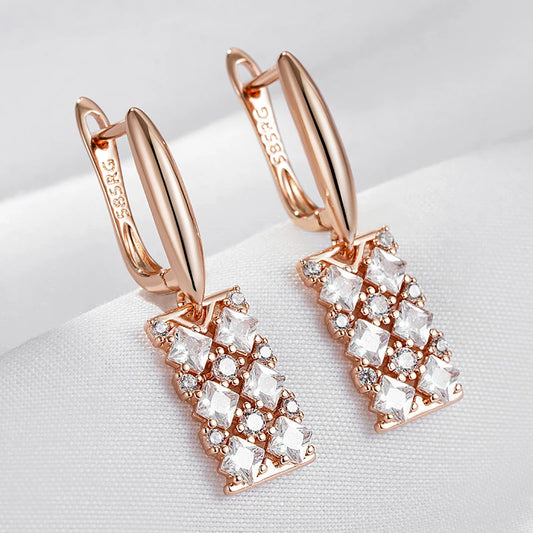 Wbmqda Luxury Hollow Square Women's Hanging Earrings 585 Rose Gold Color With Natural Zircon Wedding Party Fashion Dubai Jewelry