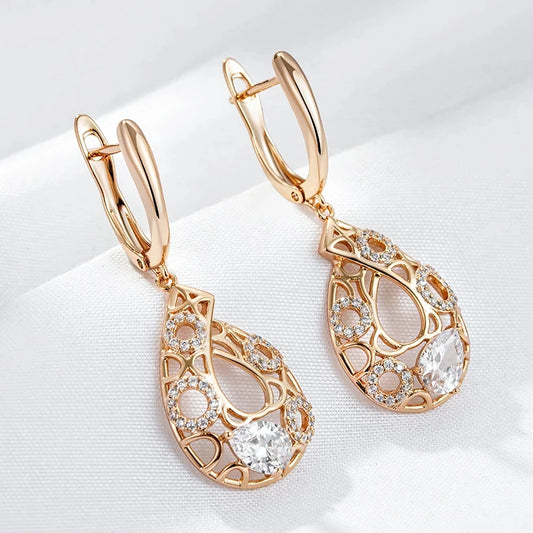 Wbmqda 585 Rose Gold Color Vintage Long Drop Earrings For Women Natural Zircon Setting Luxury Ethnic Wedding Jewelry Accessories