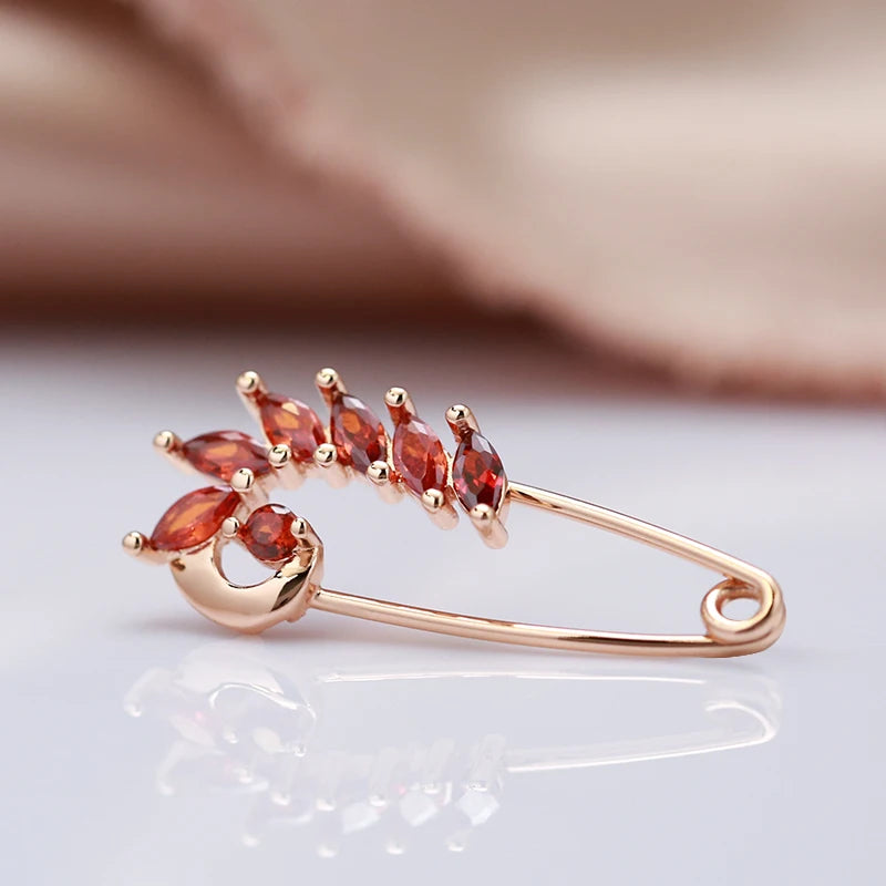 Kinel 2022 New Unique Red Natural Zircon Boutonniere 585 Rose Gold Fine Brooch for Women Fashion Creative Wedding Jewelry Hot