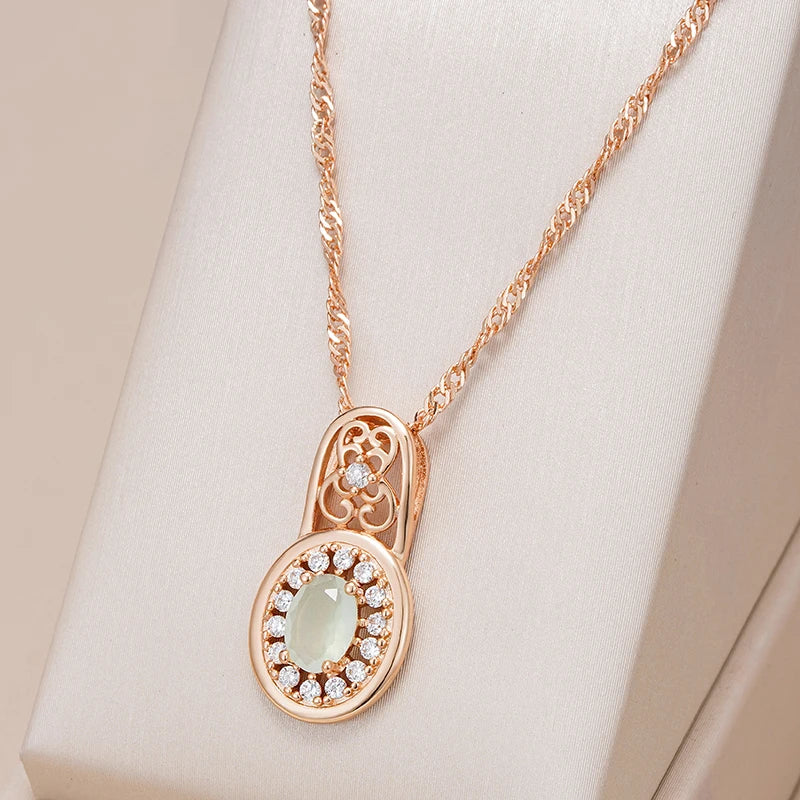 Kinel New Oval Cut Emerald Pendant Necklace Luxury Natural Zircon With 585 Rose Gold Color Flower Ethnic Wedding Daily Jewelry