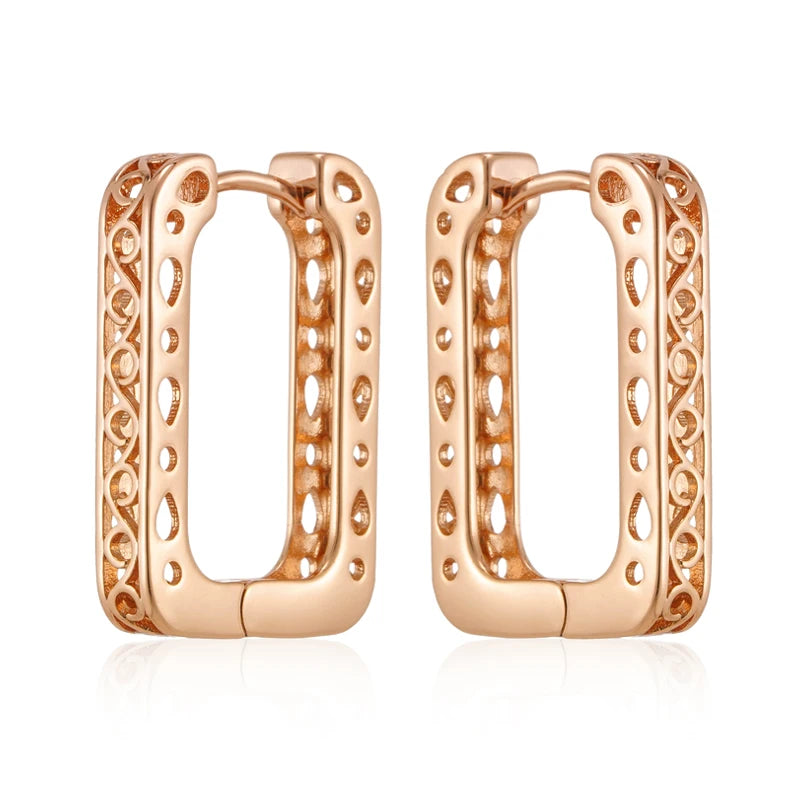 Wbmqda New Fashion Design 585 Rose Gold Color Square Hollow Hoop Earrings For Women Exquisite Grain Engraving Daily Fine Jewelry