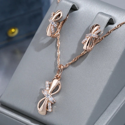 Wbmqda Cute Bowknot Pendant And Necklace For Women Girls 585 Rose Gold Color With Natural Zircon Trendy Jewelry Gifts