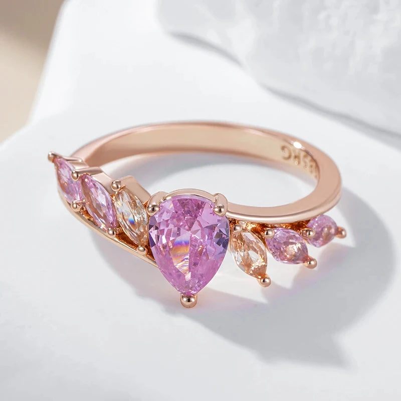 Wbmqda Shiny Pink Stone Ring For Women 585 Rose Gold Color Unique Jewelry Accessories