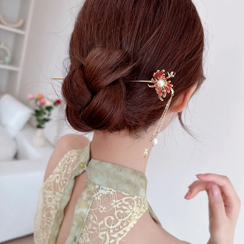 SUYU  New Fashionable Women's Oil Dripping Light Luxury Ancient Style Hairpin With A Simulated Pearl Tassel Headwear Hairpin