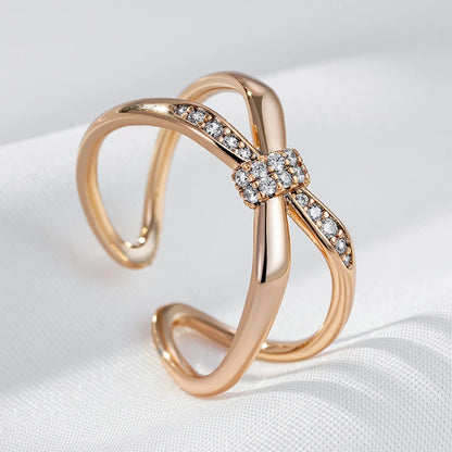 Wbmqda Geometric Lines Crossed Metal Ring For Women 585 Rose Gold Color With White Natural Zircon New Fashion Creative Jewelry