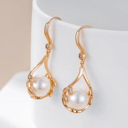 Wbmqda Unique Vine Shape Pearl Dangle Earrings For Women 585 Rose Gold Color Luxury Elegant Wedding Zircon Jewelry Accessories