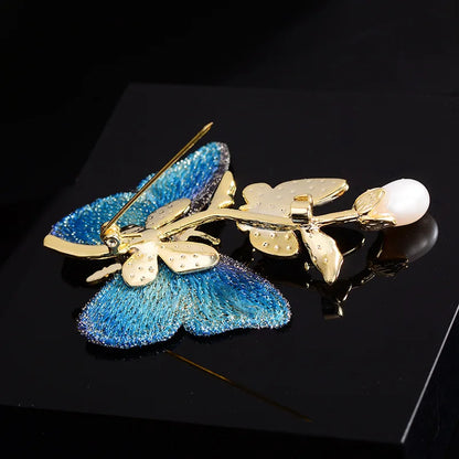 SUYU Women's light luxury embroidered fabric art blue butterfly brooch imitation pearl elegant fashion versatile brooch