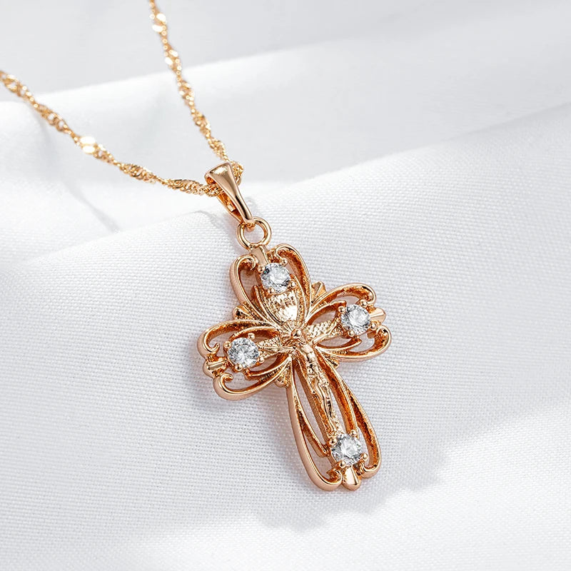 Kinel Hot 585 Rose Gold Color Orthodox Church Cross Pendant Necklace For Women Natural Zircon Accessories Crucifix Jesus Jewelry