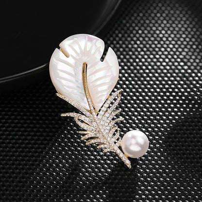 SUYU Autumn Fashion Geometric Design Feather Brooch Inlaid With Seashells Paired With A Suit Coat Accessory Pin