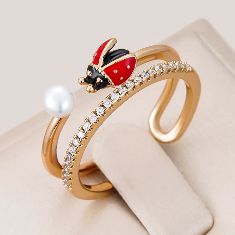 Wbmqda Cute Pearl Ladybug Open Ring For Women 585 Rose Gold Color Natural Zircon Setting Unique Christmas Jewelry Gifts