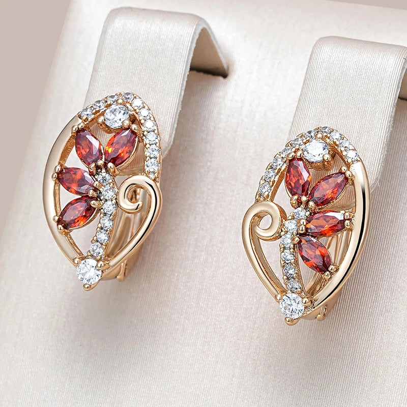 Wbmqda Luxury Red Crystal Flower Drop Earrings For Women 585 Rose Gold Color With White Natural Zircon Ethnic Wedding Jewelry