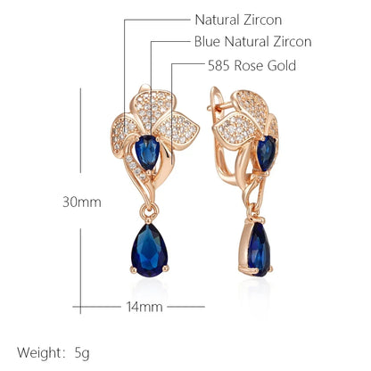 Wbmqda Luxury Retro Drop Shape Blue Natural Zircon Dangle Earrings For Women 585 Rose Gold Color Ethnic Bride Wedding Jewelry