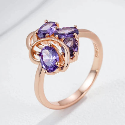 Wbmqda Purple Crystal Stone Flower Shape Ring For Women 585 Rose Gold Color Luxury Lilac Natural Zircon Jewelry Accessories