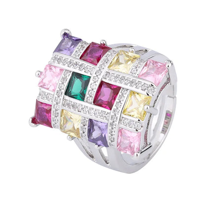 SUYU Colorful Fashion Elegant Rainbow Zircon Inlaid Square Earrings Exaggerated Ring Design Set