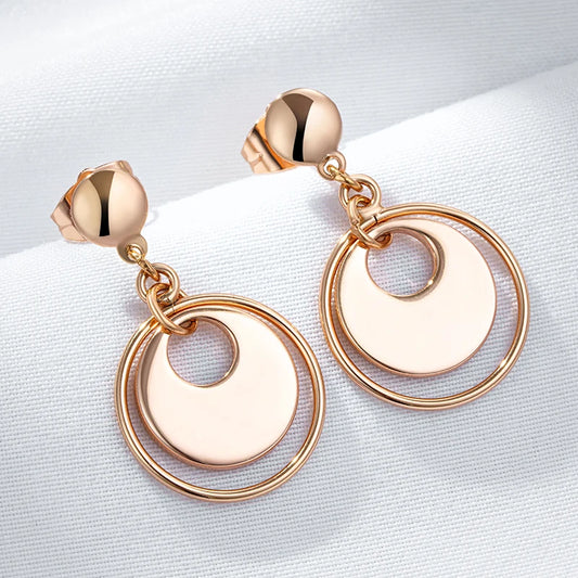 Wbmqda Unique Double Hoop Glossy Stud Earrings For Women 585 Rose Gold Color Party Fine Daily Jewelry Vintage Accessories