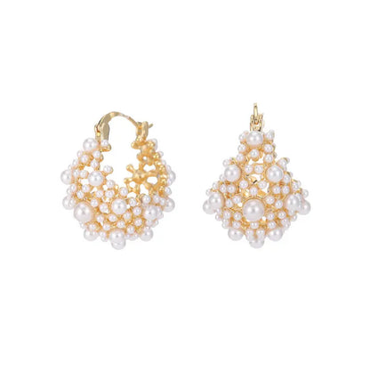 SUYU Women's Light Luxury Imitation Pearl Flower Basket Earrings Fashionable and Versatile Unique and Design Sense Earrings