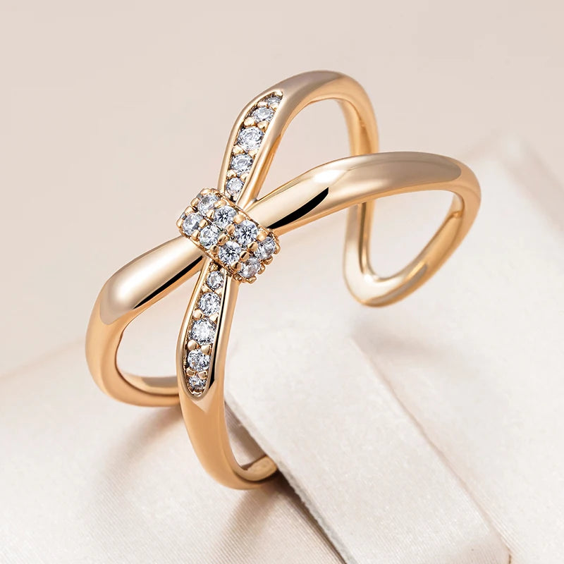 Wbmqda Geometric Lines Crossed Metal Ring For Women 585 Rose Gold Color With White Natural Zircon New Fashion Creative Jewelry