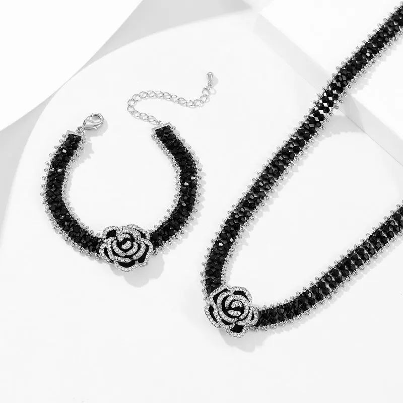 SUYU New French Style Collarbone Chain Trendy Luxurious And Niche Design Black Camellia Bracelet Necklace Jewelry Set