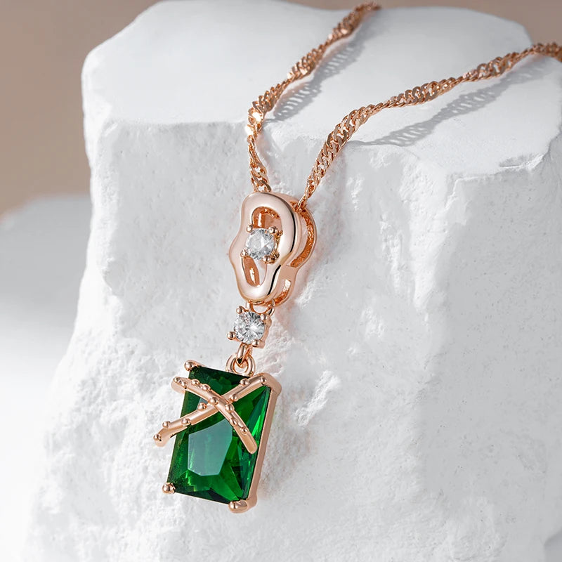 Kinel Luxury Square Green Natural Zircon Pendant Necklace For Women 585 Rose Gold Color Pendant Daily Easy Matching Fine Jewelry