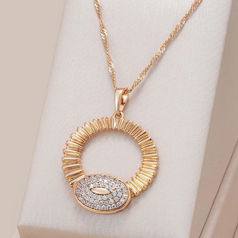 Kinel Hot Fashion Glossy Shiny Natural Zircon Big Pendant Necklace for Women 585 Rose Gold Color Daily Fine Accessories Jewelry