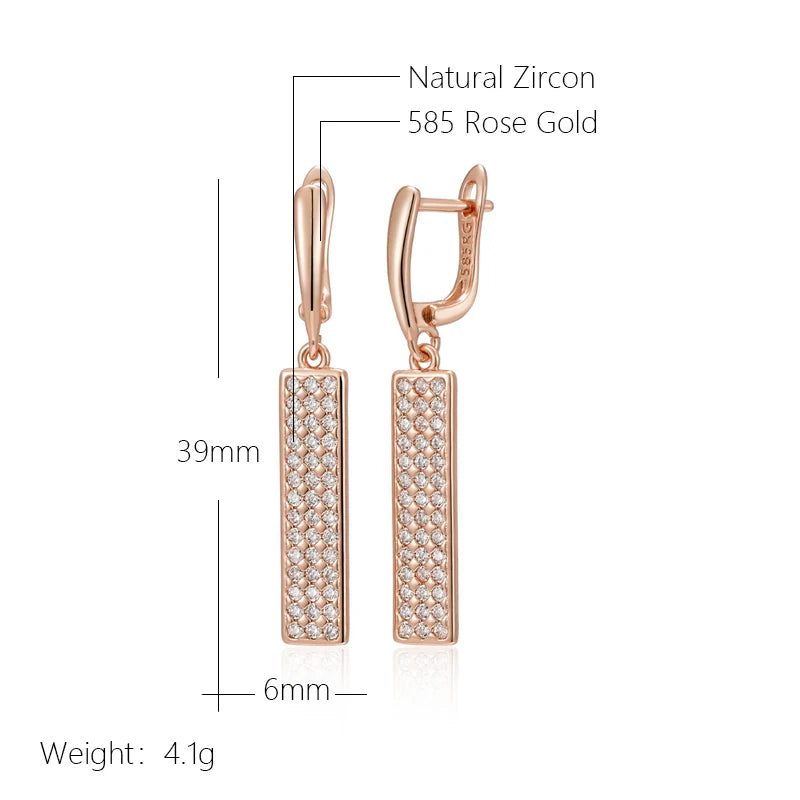 Kienl Hot Full Natural Zircon Long Square Earring for Women Fashion 585 Rose Gold Color High Quality Daily Party Fine Jewelry