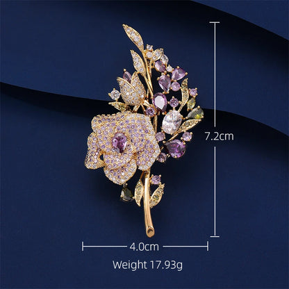 SUYU Popular Women's Luxurious Brooch, Flower Colored Zircon Micro Inlaid Dinner Dress Accessories Rose Flower Accessories Pins