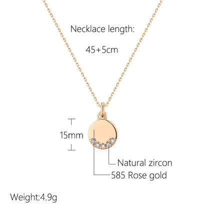 Kinel Hot 585 Rose Gold Color Round Coin Pendant Necklaces for Women Simple Natural Zircon Glossy Pendant Party Fine Jewelry