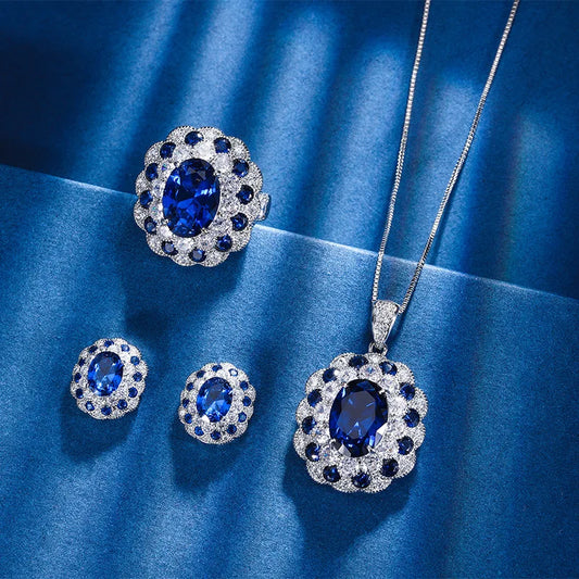 SUYU Autumn New Design Women's Jewelry Earring Set Flower Ring Blue Zircon Necklace Set Fashion Accessories