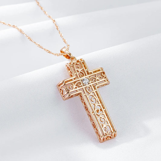 Wbmqda 585 Rose Gold Color Glossy Hollow Cross Pendant Necklace For Women With White Natual Zircon Fashion Jewelry Accessories